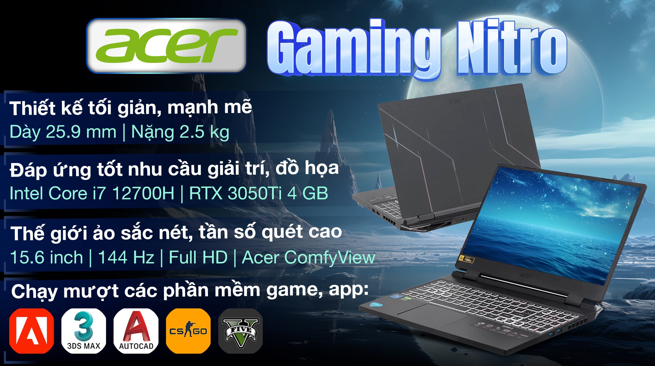 Laptop Acer Gaming Nitro AN515 58 773Y i7 12700H/16GB/512GB/4GB RTX3050Ti/144Hz/Win11 (NH.QFKSV.001.16G)