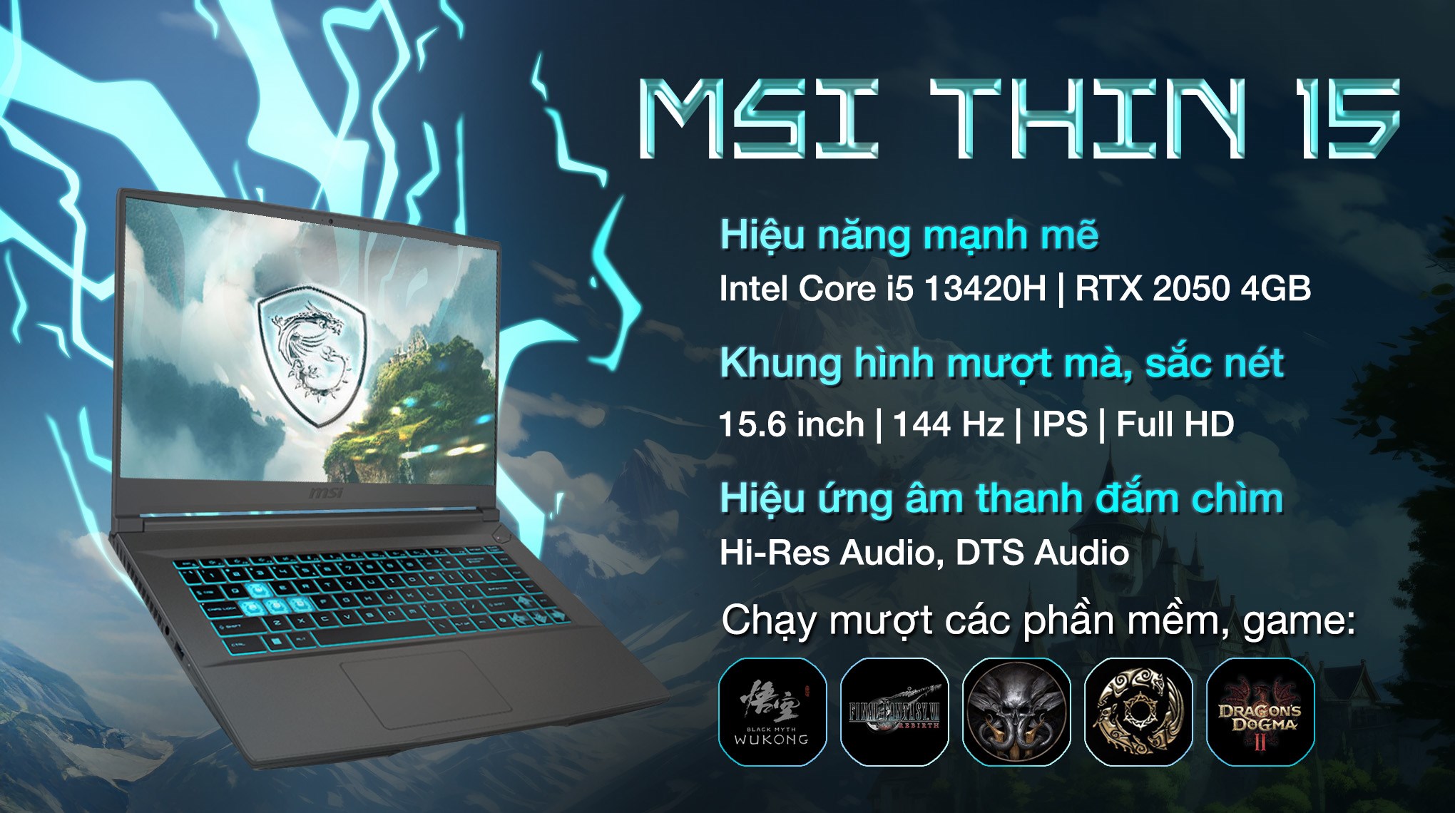 Laptop MSI Gaming Thin 15 B13UCX i5 13420H/16GB/512GB/4GB RTX2050/144Hz/Balo/Win11 (2080VN)