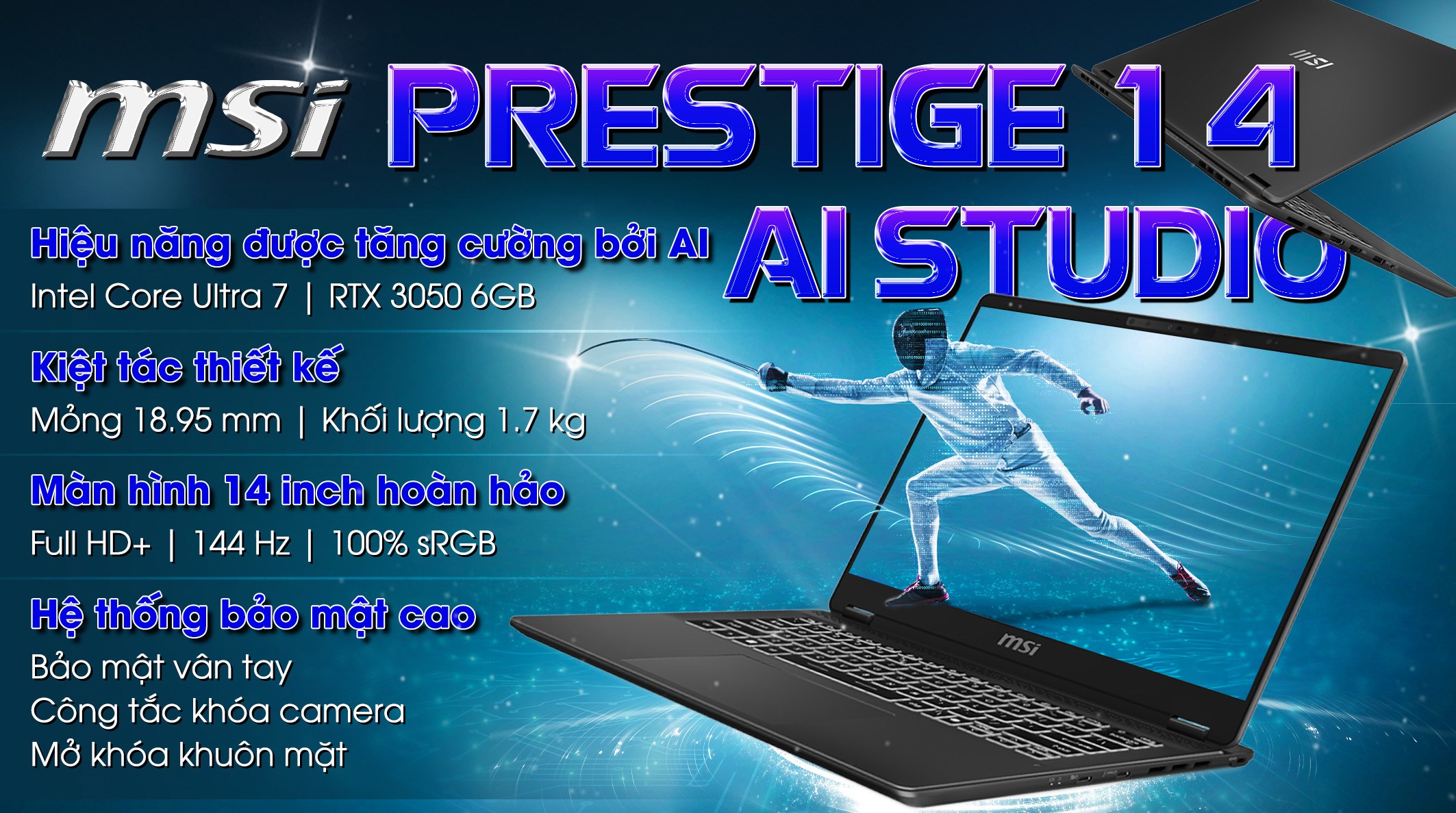 Laptop MSI Prestige 14 AI Studio C1UDXG Ultra 7 155H/16GB/1TB/6GB RTX3050/144Hz/Túi/Win11 (058VN)