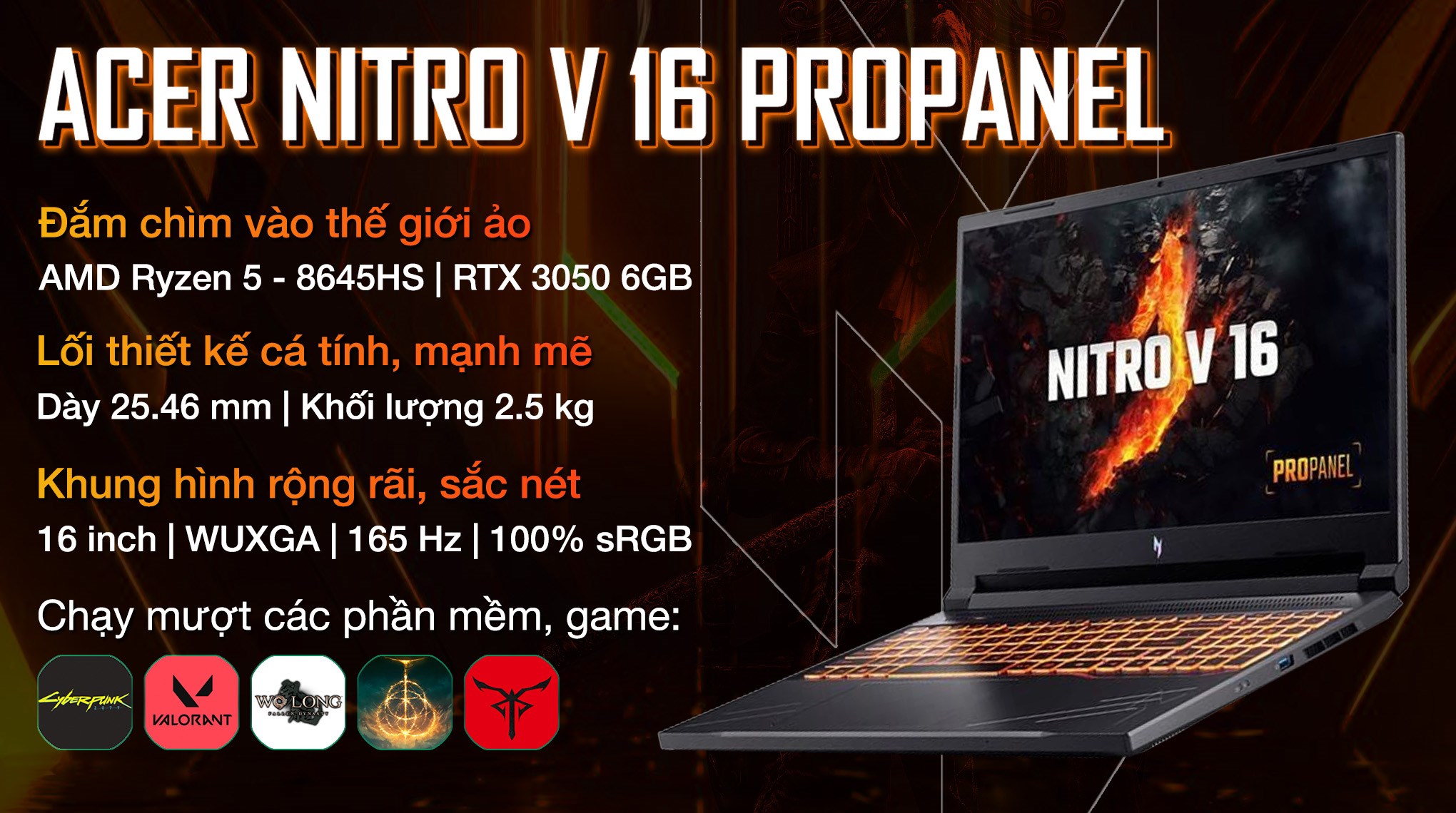 Laptop Acer Gaming Nitro V 16 ProPanel ANV16 41 R6ZY R5 8645HS/16GB/512GB/6GB RTX3050/165Hz/Win11 (NH.QP2SV.002)