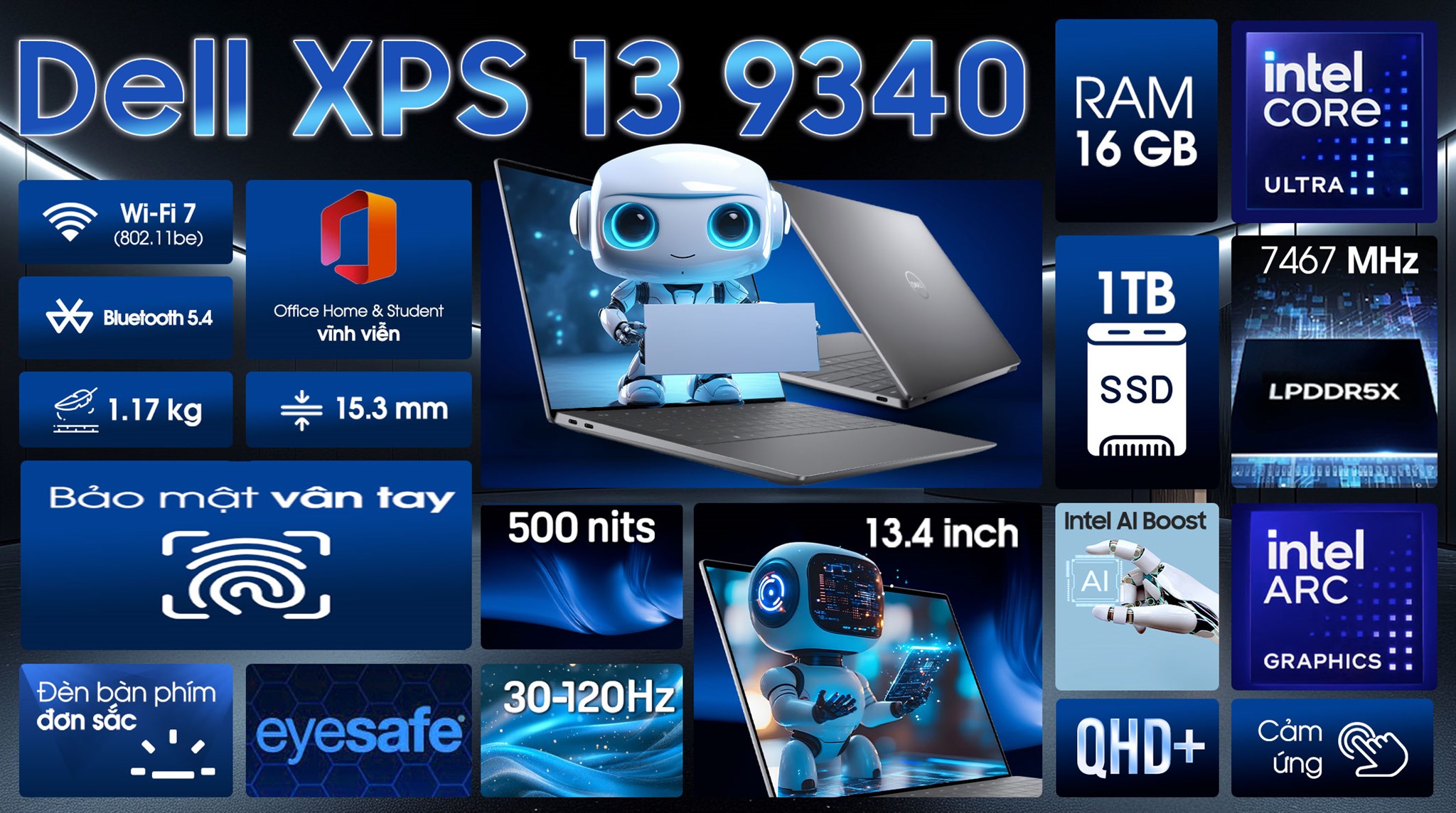 Laptop Dell XPS 13 9340 Ultra 7 155H/16GB/1TB/OfficeHS/Win11 (HXRGT2)