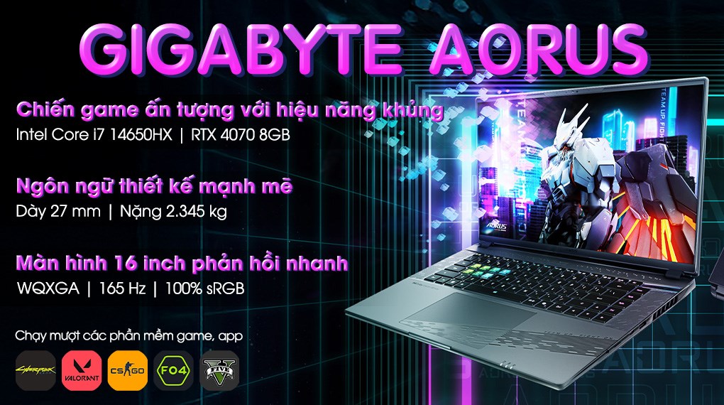 Laptop GIGABYTE Gaming AORUS 16X X6LAG i7 14650HX/16GB/1TB/8GB RTX4070/165Hz/Win11 (9RX6LASGDDJIXDVN010)