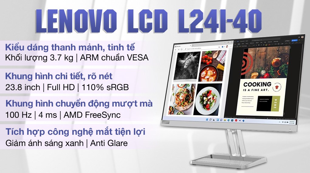 Màn hình Lenovo L24i-40 23.8 inch FHD/IPS/100Hz/4ms/FreeSync/HDMI (67A8KAC3VN)