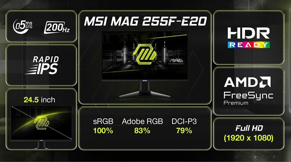 Màn hình Gaming MSI MAG 255F-E20 24.5 inch FHD/Rapid IPS/200Hz/0.5ms