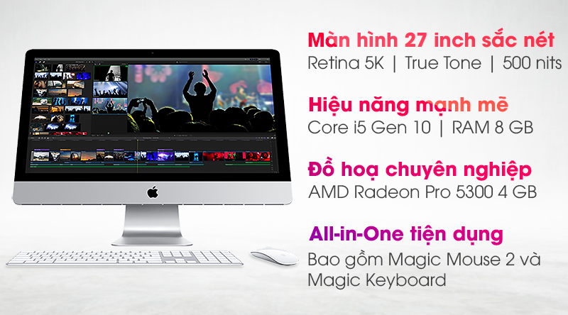 Apple iMac 27 inch 2020 Retina 5K i5 3.1GHz/8GB/256GB/4GB Radeon Pro 5300/KB/Mouse/Cáp/(MXWT2SA/A)