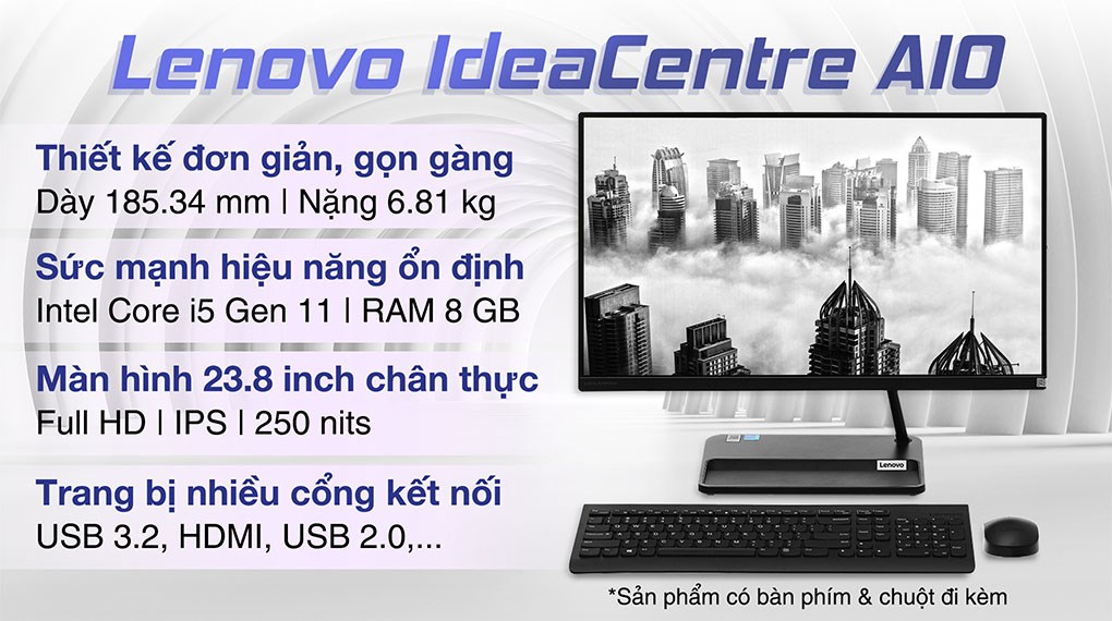 Lenovo IdeaCentre AIO 3 24ITL6 i5 1135G7/8GB/256GB/23.8"FullHD/Bàn phím&Chuột/Win11 (F0G000XBVN)