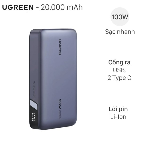 Pin sạc dự phòng 20000mAh Type C PD QC 3.0 100W Ugreen PB720 25188