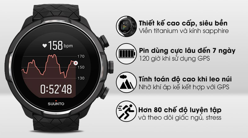 Đồng hồ thông minh Suunto 9 Baro Titanium 50mm Đen