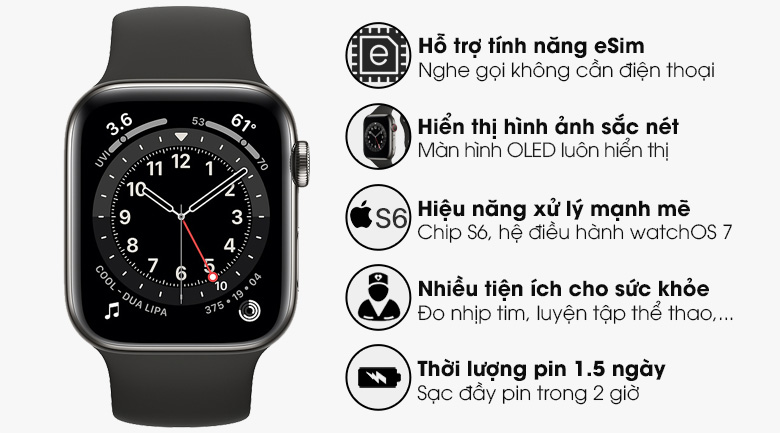 Đồng hồ thông minh Apple Watch S6 LTE 44mm viền thép dây cao su