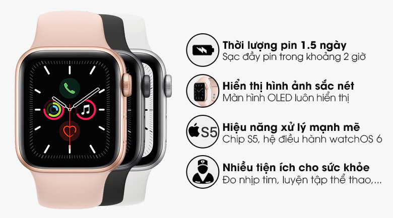 Đồng hồ thông minh Apple Watch S5 44mm viền nhôm dây cao su hồng