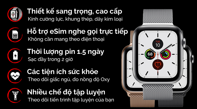 Đồng hồ thông minh Apple Watch S5 LTE 44mm viền thép dây thép bạc