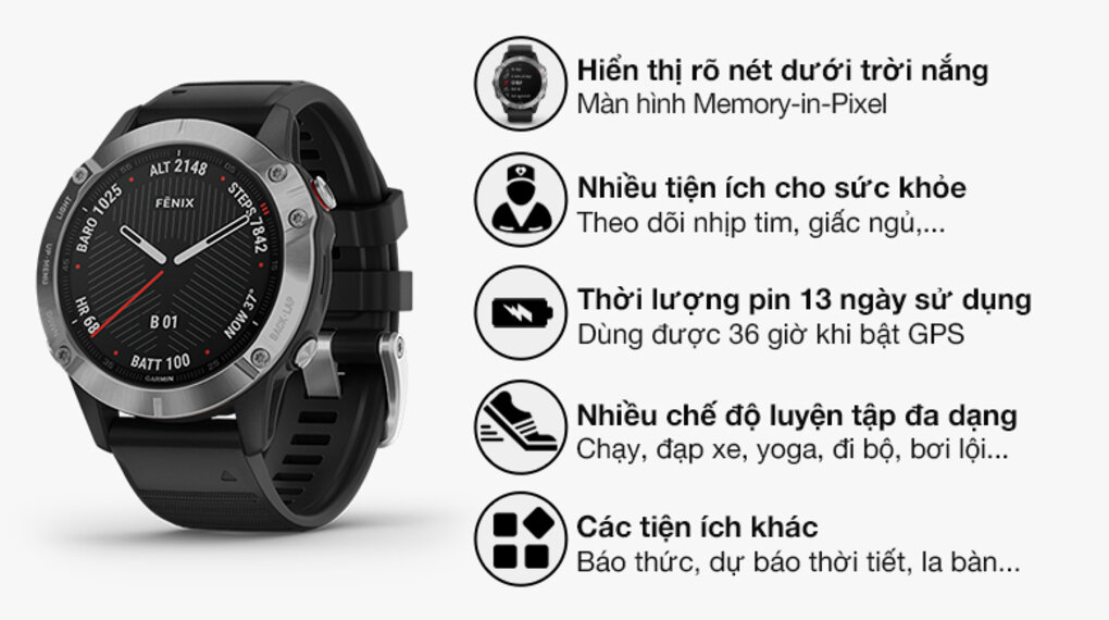 Đồng hồ thông minh Garmin Fenix 6 dây silicone đen