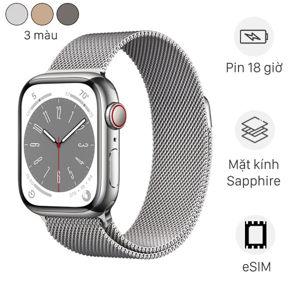 Đồng hồ thông minh Apple Watch Series 8 GPS   Cellular 41mm viền thép dây thép