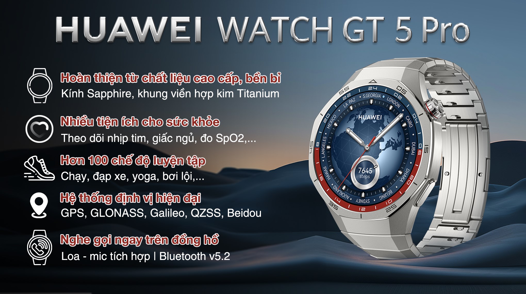 Đồng hồ thông minh Huawei Watch GT 5 Pro 46mm viền Titanium dây Titanium