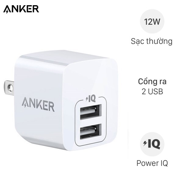 Adapter sạc USB 12W Dual Anker PowerPort Mini - A2620