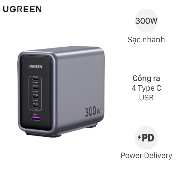 Bộ Adapter Sạc 5 cổng Type C PD QC 3.0 GaN 300W kèm Cáp Type C - Type C 1m Ugreen Nexode 90903B