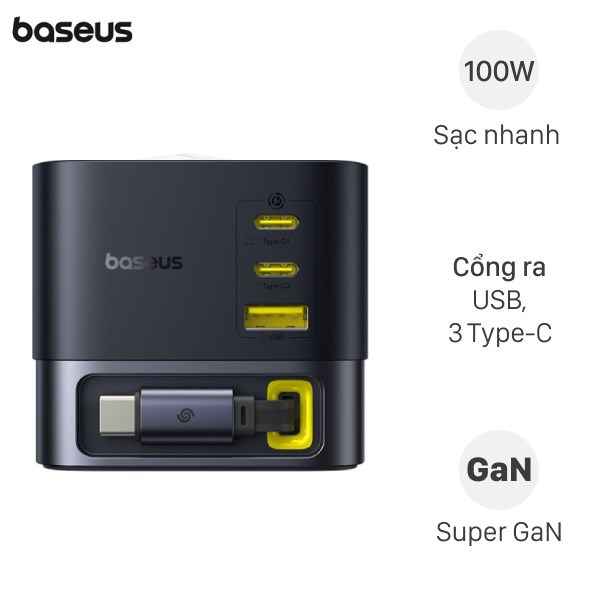 Bộ Adapter Sạc 4 cổng Super GaN Desktop Charger 100W kèm Cáp Type C - Type C Baseus CCSPC100CS