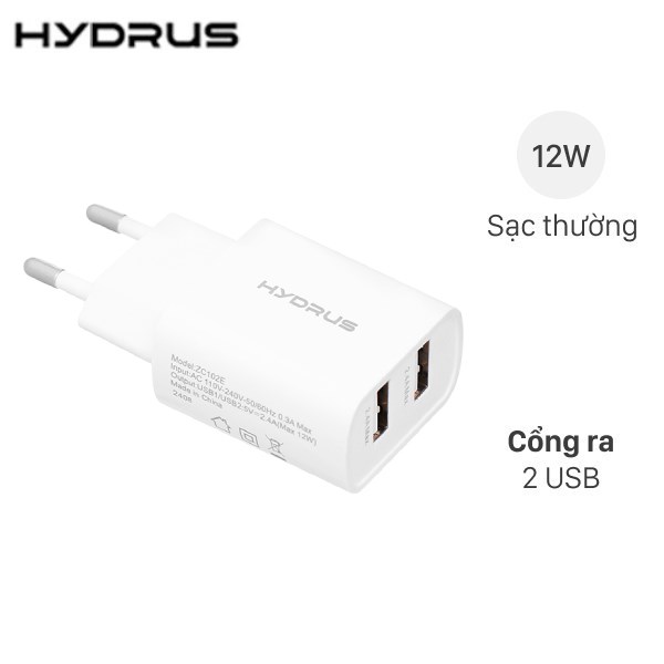 Adapter Sạc 2 cổng 12W Hydrus ZC102E