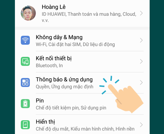 vào Thông báo & ứng dụng