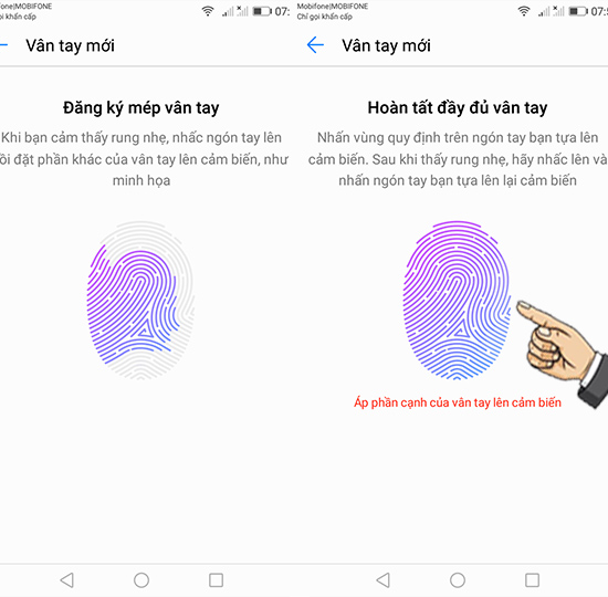 Thiết lập vân tay theo hướng dẫn.