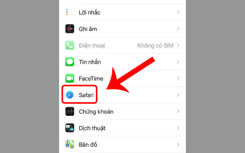 Nhấn vào mục Safari ở phần Cài đặt