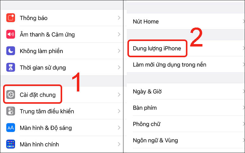 Chọn Dung lượng iPhone ở Cài đặt chung