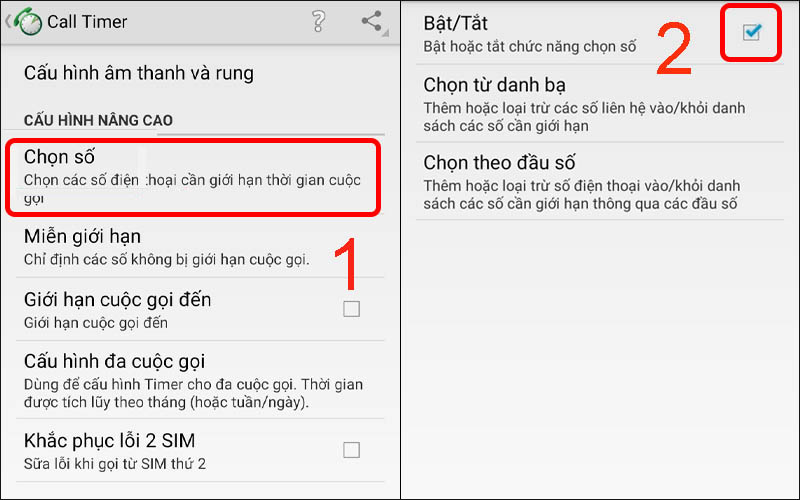 Tick chọn mục Bật/Tắt trong mục Chọn số để kích hoạt