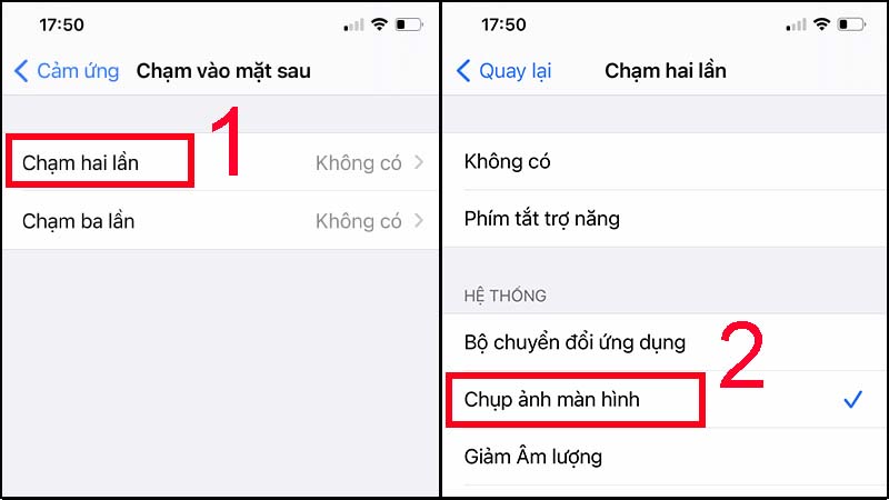 Chọn tính năng mà bạn muốn thực hiện khi chạm vào lưng iPhone