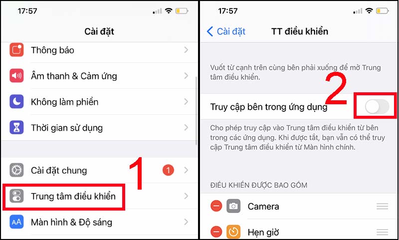 Gạt sang trái nút cạnh mục Truy cập bên trong ứng dụng để tắt