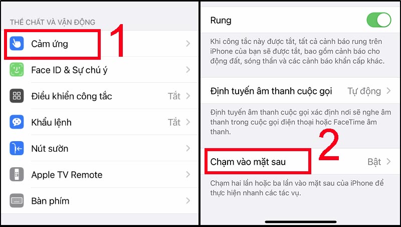 Chọn Chạm vào mặt sau để kích hoặt tính năng Back tap