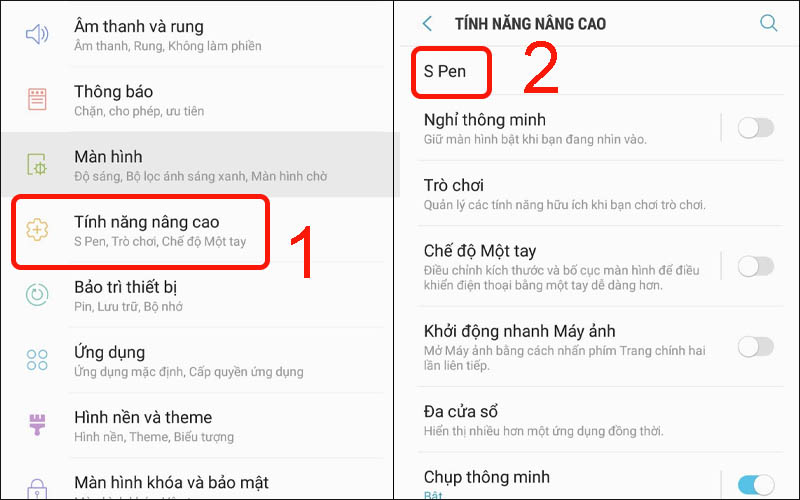  Chọn S pen trong  mục Tính năng nâng cao