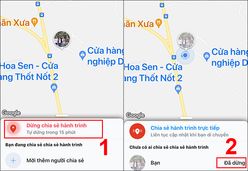 Nếu muốn dừng chia sẻ, chọn Dừng chia sẻ hành trình