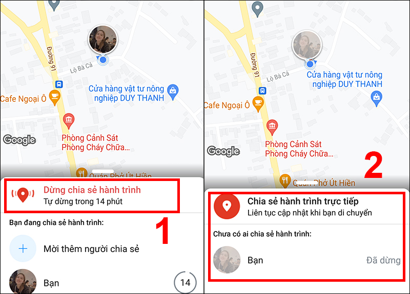 Nếu muốn dừng chia sẻ, chọn Dừng chia sẻ hành trình