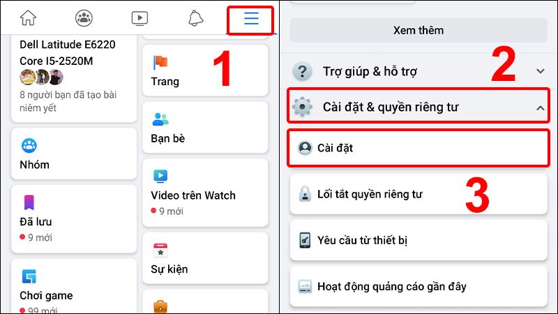 Đi đến phần Cài đặt Facebook