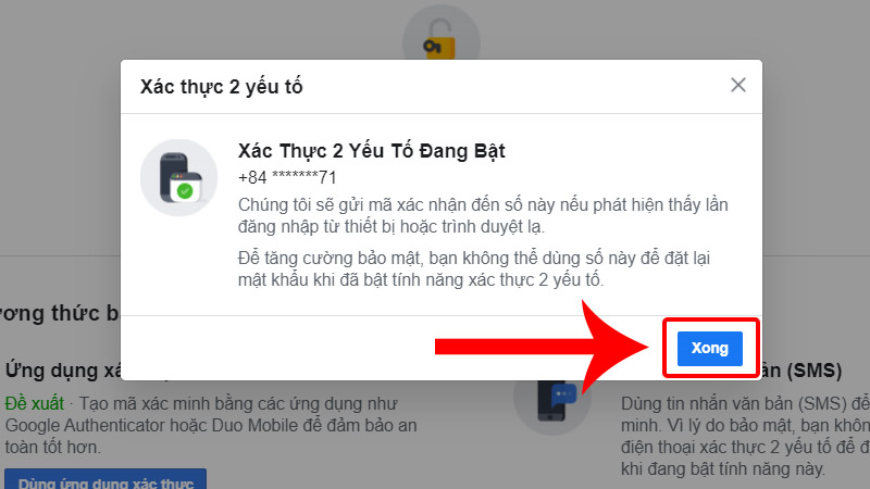 Nhấn Xong để hoàn tất bảo mật 2 lớp Facebook