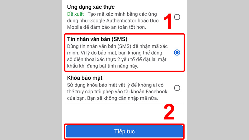 Chọn Phương thức bảo mật và nhấn Tiếp theo