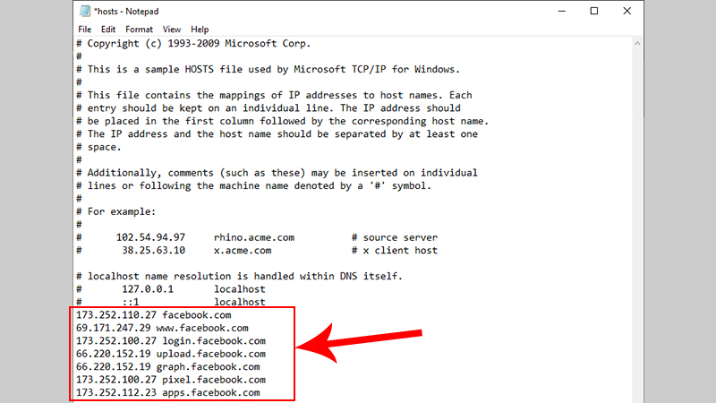 Copy dãy 1 hoặc dãy 2 và dán vào cuối File Hosts