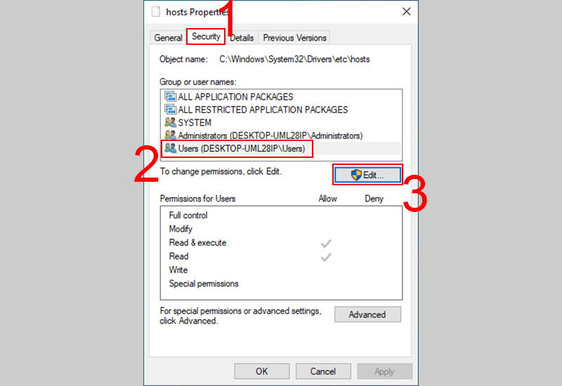 Chọn tab Security > Users > Edit