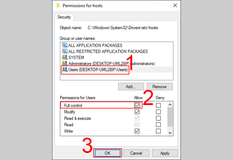 Chọn Users > Tích vào Allow ở mục Full Control > Nhấn OK