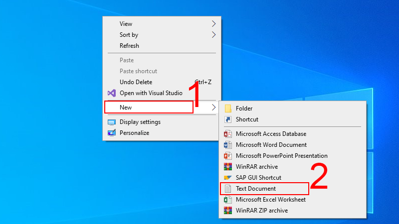 Kích chuột phải màn hình desktop và chọn New > Chọn Text Document