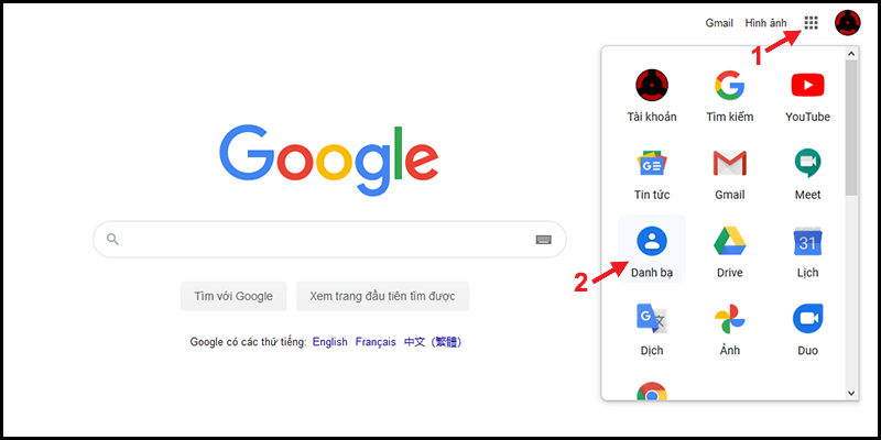 Cách mở danh bạ từ trang chủ Google