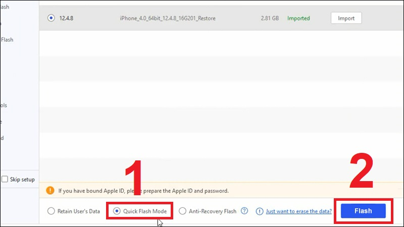 Chọn ô Quick Flash Mode sau đó nhấn Flash để bắt đầu restore