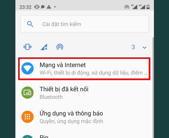 Bước 2: Chọn Mạng và Internet.