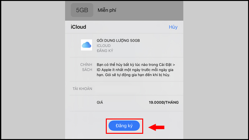 Xác nhận mua thêm dung lượng iCloud