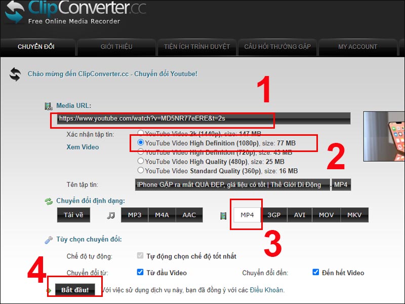 Dán link video muốn tải từ Youtube vào Web Clip Converter