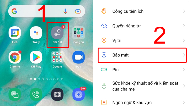 Chọn Bảo mật trong Cài đặt