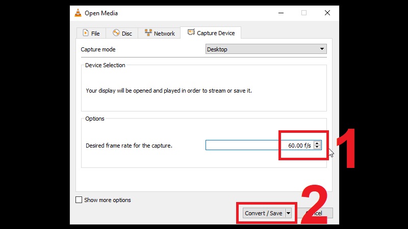 Thiết lập 60.00 f/s trong mục Desired frame rate for the capture sau đó nhấn Convert/ Save