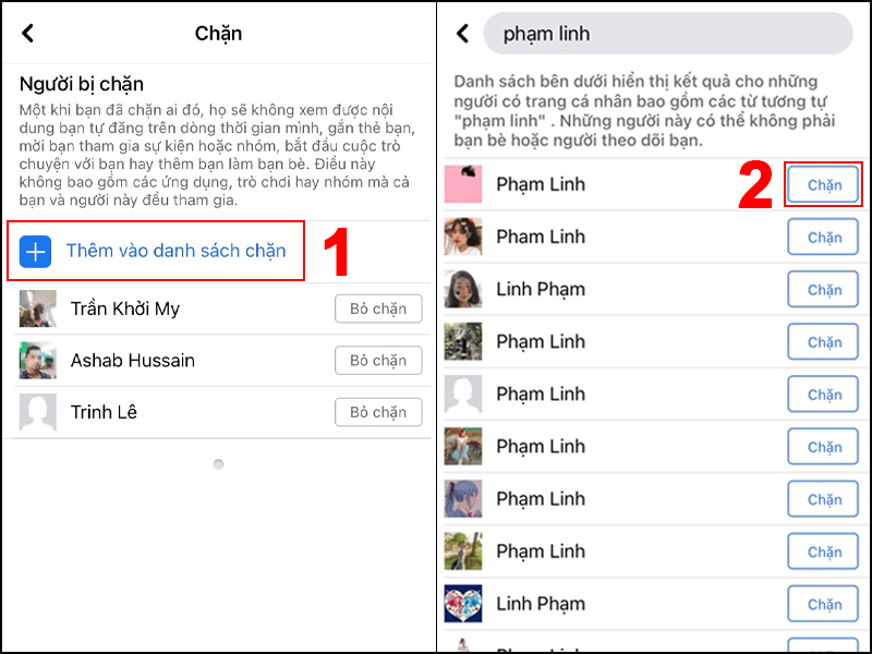 Thêm tên tài khoản Facebook muốn chặn vào danh sách chặn 