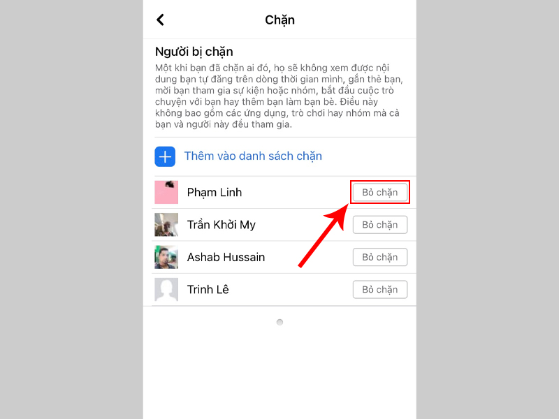 Chọn người bạn muốn bỏ chặn 