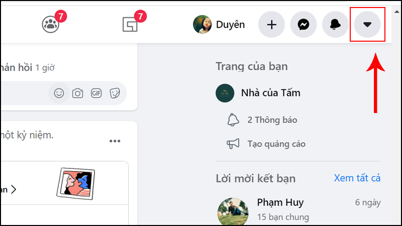 Nhấn vào biểu tượng mũi tên trên cùng góc phải Facebook